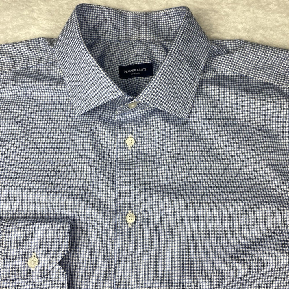 Proper Cloth Dress Shirt Mens 17.5-35.5 Blue/White Checks Extra Slim Fit No Iron